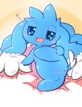  &lt;3 anthro anus blue_body blue_eyes blue_fur blush female fumufumu_(character) fur genitals hi_res looking_at_viewer lying multi_ear one_leg_up open_mouth pussy raised_leg sanusanu signature solo unknown_species 