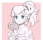  1girl alternate_costume alternate_hairstyle bangs blue_eyes blush border chocomiru earrings hand_fan japanese_clothes jewelry kimono long_hair long_sleeves mario_(series) monochrome pink_background princess_peach sketch solo super_mario_odyssey unfinished white_border yukata 