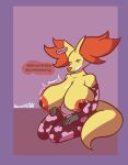  &lt;3 &lt;3_eyes absurd_res animal_print anthro arm_warmers armwear big_breasts bodily_fluids breast_expansion breasts clothing cow_print delphox digital_media_(artwork) ear_tag expansion female fluffy fluffy_tail hi_res huge_breasts hyper hyper_breasts inner_ear_fluff lactating legwear mature_female nintendo nipples nokamiwd nude pasties pok&eacute;mon pok&eacute;mon_(species) simple_background slightly_chubby smile solo stockings text thick_thighs tuft video_games 