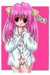  artist_request bottomless elfen_lied horns long_hair long_sleeves lowres lucy_(elfen_lied) nyuu pink_hair pussy shirt solo white_shirt 