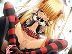  belt blonde_hair bow bow_panties brown_eyes censored chain cross detached_sleeves dutch_angle fishnets flat_chest game_cg gothic greek_cross karen_(triptych) latin_cross long_hair midriff mosaic_censoring nimura_yuuji nipples one_eye_closed panties panties_around_one_leg penis pink_panties pussy pussy_juice sex skirt skirt_lift solo_focus spread_legs striped striped_legwear thighhighs triptych twintails underwear vaginal 