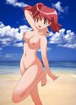  arm_behind_head arm_up artist_request barefoot beach blush breasts brown_eyes cloud day hinata_natsumi keroro_gunsou medium_breasts navel nipples nude open_mouth outdoors pussy red_hair solo twintails 