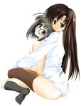  artist_request ass back black_legwear blouse breasts brown_eyes brown_hair brown_legwear glasses hug kneehighs kneeling kurihara_touko long_hair long_sleeves looking_back medium_breasts multiple_girls no_pants nude panties sakaki_shinobu short_hair sitting socks tenshi_no_inai_12-gatsu thighhighs topless underwear yuri 