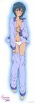  barefoot bed_sheet blue_hair blush bow bow_panties breasts brown_eyes dakimakura full_body highres long_sleeves lying medium_breasts navel no_bra on_back ootori_amane open_clothes open_shirt pajamas panties sakai_kyuuta shirt short_hair solo strawberry_panic! underwear white_panties 