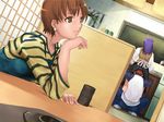  2girls apron cunnilingus cup earrings emiya_shirou fate/stay_night fate_(series) fujimura_taiga hetero jewelry long_sleeves matou_sakura mikazuki_akira! multiple_girls non-web_source oral skirt skirt_lift squatting stealth_sex striped teacup under_skirt 