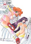  ass breasts copyright_request facial_mark gloves large_breasts long_hair mechanical_wings multiple_girls narazu_yoshitomo non-web_source orange_hair scan shoe_soles thighhighs wings 