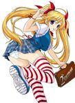  :p bag blonde_hair blouse bow bowtie copyright_request hair_ribbon legs long_hair looking_back map_(blue_catty) panties pantyshot plaid plaid_skirt pleated_skirt purple_eyes red_legwear ribbon running school_bag school_uniform shoes skirt sneakers solo striped striped_legwear thighhighs tongue tongue_out twintails underwear uwabaki vest white_panties 