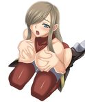  blue_eyes breast_suppress breasts brown_hair kneeling large_breasts long_hair open_mouth shunzou solo tales_of_(series) tales_of_the_abyss tear_grants thighhighs 