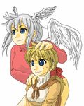  abekawa alma_beoulve blonde_hair blue_eyes final_fantasy final_fantasy_tactics hand_on_another's_head hand_on_another's_shoulder head_wings long_sleeves multiple_girls polo_shirt ponytail smile sweat ultima_(fft) wings 