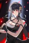  1girl absurdres bangs bare_shoulders bipup-hola black_dress black_hair blush breasts cleavage dress flower hair_flower hair_ornament highres holding holding_weapon knife large_breasts long_hair parted_lips petals red_eyes solo spy_x_family weapon yellow_flower yor_briar 