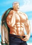  1boy abs artist_logo bara beach blurry blurry_background cloud cloudy_sky day facial_hair jacket jacket_on_shoulders kokorozashi large_pectorals leather leather_belt looking_to_the_side male_focus manly mature_male messy_hair muscular muscular_male navel nipples ocean one_piece pants pectorals pipe scar scar_on_face sky smoke smoker_(one_piece) smoking solo sweat sweatdrop teeth thick_arms topless_male undercut veins veiny_arms white_hair yellow_eyes 