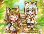  2girls ahoge animal_ear_fluff animal_ears backpack bag bangs black_hair black_shorts blush braid closed_eyes commentary_request eyebrows_visible_through_hair forest fox_ears fox_girl fox_tail green_eyes green_skirt hair_between_eyes hair_ornament hairclip highres hololive hood hoodie kujirako_(user_wusc5438) long_hair long_sleeves looking_at_another multicolored_hair multiple_girls nature ookami_mio open_mouth outdoors picnic_basket pleated_skirt red_hair shirakami_fubuki shirt short_shorts shorts sidelocks single_braid skirt smile stairs streaked_hair tail twitter_username virtual_youtuber white_hair white_hoodie white_shirt wolf_ears wolf_girl wolf_tail 