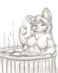  2022 anthro breasts candy dessert featureless_breasts female flinters food fur greyscale hair hi_res lagomorph leporid looking_at_viewer mammal marshmallow monochrome partially_submerged rabbit solo 
