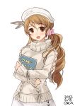  1girl book brown_eyes brown_hair hair_over_shoulder hat highres kantai_collection littorio_(kancolle) long_hair official_alternate_costume one-hour_drawing_challenge owa_(ishtail) ponytail simple_background smile solo sweater upper_body wavy_hair white_background white_sweater 