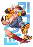  1boy abs animal_ears brown_eyes brown_hair chain collared_jacket denim fangs hand_on_headwear hat highres hood hoodie jacket jeans large_pectorals male_focus mondoart1 muscular muscular_male nipples open_mouth original pants pectorals shoes skateboard skateboarding solo spiked_hair tail thick_eyebrows tongue topless_male v 