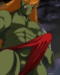  abs absurd_res alien anthro balls beak clothed clothing dragon_ball dragon_ball_super erection erection_under_clothing galloroster genitals green_body green_skin hair hi_res male monster nipples orange_hair pecs penis solo 