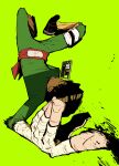  1boy absurdres arm_behind_back bandaged_hand bandaged_leg bandages black_hair blush drunk fingernails green_background green_theme headband highres looking_at_viewer male_focus motion_lines naruto naruto_(series) parted_lips rdkshinku red_headband rock_lee simple_background solo speed_lines thigh_strap upside-down watermark 