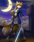  abluedeer anthro black_nose blonde_hair breasts canid canine clothed clothing female fox hair hi_res mammal melee_weapon multi_tail pupils slit_pupils solo sword weapon 