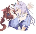  animal_ears blue_eyes brown_hair cropped_torso eye_contact fang hair_flaps high_ponytail highres horse_ears horse_girl long_hair looking_at_another mejiro_mcqueen_(umamusume) multicolored_hair purple_shirt red_eyes sailor_collar school_uniform shirt simple_background streaked_hair tokai_teio_(umamusume) tracen_school_uniform two-tone_hair umamusume umi_owl upper_body white_background white_hair white_sailor_collar 