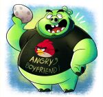  2022 angry_birds anthro beard belly big_belly clothing domestic_pig english_text facial_hair green_body john_vithor king_leonard male mammal overweight overweight_male pig_(angry_birds) shirt solo suid suina sus_(pig) text text_on_clothing text_on_shirt text_on_topwear topwear video_games 