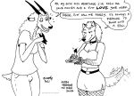  2021 antelope anthro ashley_heartwood black_and_white bottomwear bovid breasts canid canine canis cleavage clothed clothing dani_(tegerio) dialogue duo english_text female fur hair herm_(lore) horn mammal monochrome navel scut_tail short_tail skirt tail_motion tailwag tegerio text whiskers wolf 