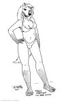  2021 anthro ashley_heartwood bikini black_and_white breasts canid canine canis clothed clothing fur gloves_(marking) gynomorph intersex leg_markings looking_at_viewer mammal markings monochrome navel open_mouth open_smile smile socks_(marking) solo swimwear teeth tegerio wolf 