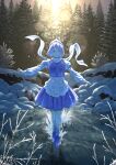 1girl ater9 blue_eyes blue_footwear eyebrows_visible_through_hair hat highres ice letty_whiterock light_rays looking_at_viewer outstretched_arms scarf skirt smile socks solo touhou tree walking walking_on_liquid water white_hair white_headwear white_scarf winter 