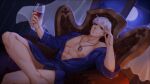  1boy abs alcohol artist_request bare_pectorals chair closed_mouth coat crossed_legs cup curtains drinking_glass earrings eyeshadow glass gyee hand_on_own_face highres jewelry looking_at_viewer makeup male_focus male_swimwear martin_(gyee) moon moonlight muscular muscular_male necklace night night_sky nipples no_panties official_art pectorals red_eyes room short_hair sitting sky smirk solo swim_briefs white_hair window wine wine_glass 