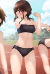  3girls ass_visible_through_thighs bent_over black_buruma black_sports_bra breasts brown_eyes brown_hair buruma cloud commentary_request expressionless highres looking_away looking_to_the_side midriff minato_ojitan multiple_girls navel original outdoors outstretched_arm running_track short_hair sky small_breasts sports_bikini sports_bra stretch thighs track_and_field 