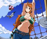  1girl absurdres anime_coloring bikini breasts cleavage clima-tact commentary_request dress highres kirby kirby_(series) large_breasts long_hair looking_at_viewer nami_(one_piece) navel one_piece orange_hair shinji20 simple_background smile solo stomach string_bikini swimsuit tattoo 