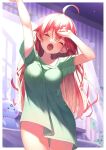  1girl 35p_(sakura_miko) :o ahoge arms_up backlighting bangs border breasts closed_eyes curtains day green_shirt gyuunyuu_bin hololive large_breasts long_hair no_pants open_mouth open_window pink_hair sakura_miko shirt solo stretch symbol-only_commentary t-shirt virtual_youtuber wavy_hair white_border window yawning 