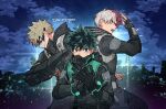  3boys bakugou_katsuki black_bodysuit black_gloves blonde_hair bodysuit boku_no_hero_academia cityscape closed_mouth cloud commentary_request covered_mouth eye_mask freckles frown gloves green_eyes green_hair hand_up highres korean_commentary looking_at_viewer male_focus midoriya_izuku misa_(jjin_miryeon) multicolored_hair multiple_boys night open_mouth red_eyes red_hair short_hair signature spiked_hair split-color_hair standing todoroki_shouto twitter_username two-tone_hair white_hair 