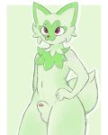  anthro hi_res jumi male nintendo nude pok&eacute;mon pok&eacute;mon_(species) simple_background solo sprigatito video_games 