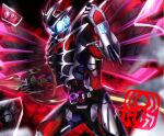  1boy absurdres armor asymmetrical_armor condor condor_genome dark_foreground drill drill_hand fighting_stance finishing_move glowing highres kamen_rider kamen_rider_demons kamen_rider_revice male_focus mogura_genome outstretched_arms pose purple_wings reiei_8 silk spider_web spider_web_print spread_arms stamp_mark tokusatsu vistamp wings 