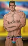  1boy artist_name bara biceps blue_eyes blurry blurry_background brown_hair bulge chest_hair crossed_arms facial_hair hairy highres hydaria large_pectorals looking_to_the_side male_focus male_swimwear male_underwear manly mature_male muscular muscular_male navel navel_hair nipples original pectorals smirk solo stubble swim_briefs teeth thick_arms thick_eyebrows thick_thighs thighs underwear 