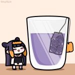  1girl bangs black_hair cup drinking_glass highres hololive hololive_english iced_tea long_hair multicolored_hair nashi_(na_shi_en) ninomae_ina&#039;nis pointy_ears purple_hair sidelocks smile tako_(ninomae_ina&#039;nis) teabag tentacle_hair tentacles very_long_hair virtual_youtuber 