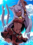  1girl ahoge animal_ear_fluff animal_ears armpits arms_behind_head arms_up bandeau bike_shorts black_shorts breasts cat_ears cat_girl cat_tail choker cleavage cloud dark-skinned_female dark_skin grey_hair highres huge_ahoge loincloth long_hair looking_at_viewer miniskirt multiple_tails navel nekomata ocha_no_mae one_eye_closed open_mouth original outdoors pink_eyes pose red_skirt short_shorts shorts showgirl_skirt skirt sky smile solo tail thighs toned wading water 