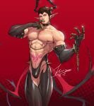  1boy abs artist_name bara biceps bodysuit brown_hair bulge chain claws collar crossed_legs cuffs demon demon_boy demon_horns ear_piercing earrings elbow_gloves facial_hair final_fantasy final_fantasy_xiv gloves hand_on_own_face handcuffs horns jewelry jin_(sirius-j) large_pectorals leather leather_pants looking_at_viewer male_focus male_underwear mature_male muscular muscular_male navel navel_hair nipple_piercing nipples original pants pectorals piercing pink_eyes pointy_ears sideburns solo spiked_collar spiked_hair spikes stomach_tattoo stubble tattoo tight underwear veins veiny_arms 