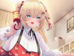  1girl :d akai_haato apron blonde_hair blue_eyes blush breasts hair_ornament heart heart_hair_ornament heart_print highres hololive large_breasts long_hair magowasabi neck_ribbon print_apron rattle ribbon shirt signature smile solo twitter_username two_side_up virtual_youtuber white_shirt x_hair_ornament 