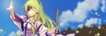  1girl absurdres arm_up broom cloud frog_hair_ornament furahata_gen green_hair hair_ornament highres holding holding_broom japanese_clothes kochiya_sanae leaf looking_at_viewer miko one_eye_closed shadow sky smile snake_hair_ornament solo sunlight touhou 