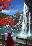  1girl animal_ears ater9 closed_eyes cloud highres holding holding_weapon inubashiri_momiji leaf open_mouth red_headwear red_skirt rock scenery skirt sky solo sword tail touhou tree water waterfall weapon wolf_ears wolf_girl wolf_tail yawning 