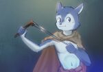  anthro blue_body blue_eyes blue_fur brown_cape canid canine canis cape clothing domestic_dog fur green_background hi_res male mammal ranged_weapon simple_background slingshot solo stampmats weapon 