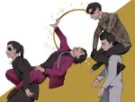  4boys black_hair black_jacket black_pants brown_footwear circle clenched_teeth english_commentary enokido grey_jacket grey_pants highres jacket kiryuu_kazuma majima_gorou multiple_boys necktie nishitani_homare older pants ponytail purple_necktie red_jacket red_shirt ryuu_ga_gotoku ryuu_ga_gotoku_0 ryuu_ga_gotoku_1 ryuu_ga_gotoku_kiwami shirt shoes sitting sitting_on_person socks sparkle teeth timeskip yakuza younger 