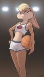  2022 4_fingers anthro ball basketball_(ball) basketball_uniform blonde_hair blue_eyes clothing female fingers hair hi_res jishinu lagomorph leporid lola_bunny looney_tunes mammal pink_nose rabbit solo sportswear standing uniform warner_brothers 