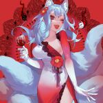  1girl alcohol animal_ears blush breasts cleavage cup detached_sleeves dress drinking_glass elbow_gloves extra_ears facial_mark flower forehead_mark fox_ears fox_girl fox_mask fox_tail gear_(gear_990) gloves grey_hair hikimayu large_breasts looking_at_viewer makeup mask mature_female medium_hair mole mole_under_eye multicolored_clothes multicolored_gloves multiple_tails nijisanji nijisanji_en nina_kosaka one_eye_closed open_mouth patterned_background red_background red_dress red_eyeliner red_eyes red_flower red_gloves red_wine short_eyebrows smile solo tail virtual_youtuber white_dress white_gloves wine wine_glass 