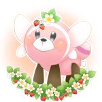  ambiguous_gender blush brown_body brown_fur dipstick_ears feral flower food fruit fur gradient_background leaf looking_up multicolored_ears nintendo ooo2mikan pink_body pink_fur plant pok&eacute;mon pok&eacute;mon_(species) simple_background solo strawberry stufful tag video_games white_body white_flower white_fur 