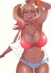  1girl :d arm_up armpits bag bare_shoulders bikini bikini_top_only bow bracelet breasts brown_hair butakun cleavage collarbone colored_tips cowboy_shot dark-skinned_female dark_skin denim denim_shorts hair_bow highleg highleg_panties highres jewelry large_breasts looking_at_viewer micro_shorts multicolored_hair navel necklace open_mouth original panties red_bikini shorts shoulder_bag simple_background skindentation smile solo swimsuit thighs twintails underwear unfinished 