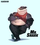  2022 absurd_res anthro belly big_belly bottomwear clothing dreamworks fish grey_body hi_res male marine mr._shark_(the_bad_guys) overweight overweight_male pants polarissketches shark shirt simple_background solo the_bad_guys topwear 