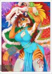  anthro araivis-edelveys araivis_edelveys_(character) blue_eyes breasts brown_hair chinese_new_year cleavage cleavage_cutout clothed clothing dress facial_paint felid female fireworks fur hair hi_res legwear looking_at_viewer mammal orange_body orange_fur pantherine solo striped_body striped_fur stripes thigh_highs tiger 