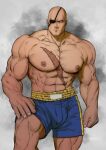  1boy abs bald bara biceps broad_shoulders closed_mouth eyepatch hand_on_own_knee highres hydaria large_pectorals looking_at_viewer male_focus manly mature_male muscular muscular_male nipples pectorals sagat scar scar_on_chest scar_on_stomach shorts solo street_fighter thick_arms thick_thighs thighs topless veins veiny_arms white_eyes 